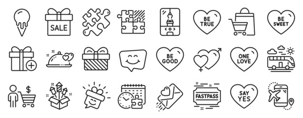 Obraz na płótnie Canvas Set of Holidays icons, such as Gift, Smile chat, Puzzle game icons. Fireworks rocket, Romantic dinner, Bus travel signs. Fastpass, Flight destination, Puzzle. Be true, Be good, One love. Vector