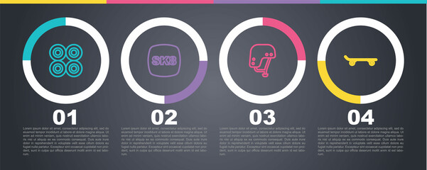 Set line Skateboard wheel, , helmet and . Business infographic template. Vector