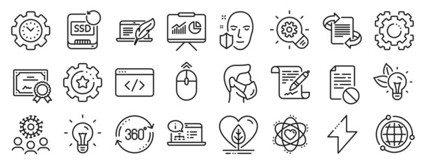 Fototapeta na wymiar Set of Science icons, such as Eco energy, Local grown, Idea icons. Time management, Medical mask, Recovery ssd signs. Wrong file, Presentation, Settings gear. Online documentation, Energy. Vector