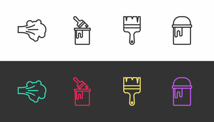 Set line Paint spray, bucket with brush, and on black and white. Vector