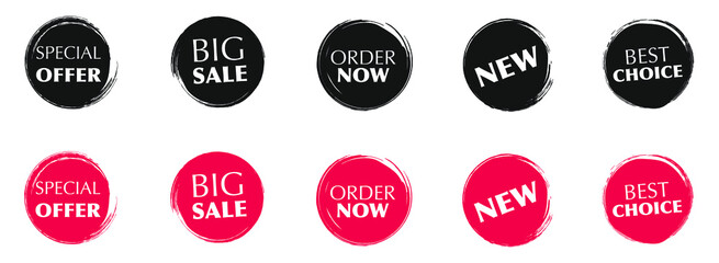 Set of sale tag tags. Grunge brush stroke circle set, badges and banners. Big sale, best choice, order now, special offer. Banners and stickers. Vector illustration