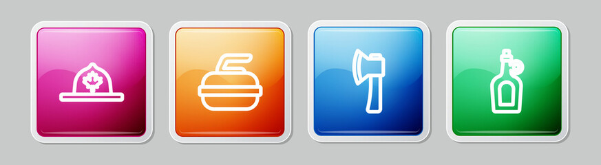 Set line Canadian ranger hat, Stone for curling, Wooden axe and Bottle of maple syrup. Colorful square button. Vector