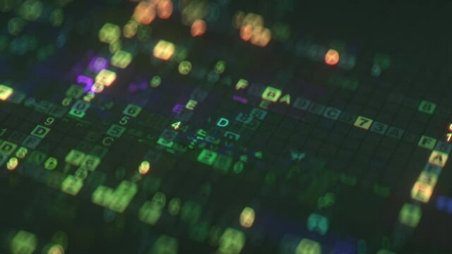 Closeup shot of digital machine code. Abstract technology or science background. Seamless loop 3D render animation
