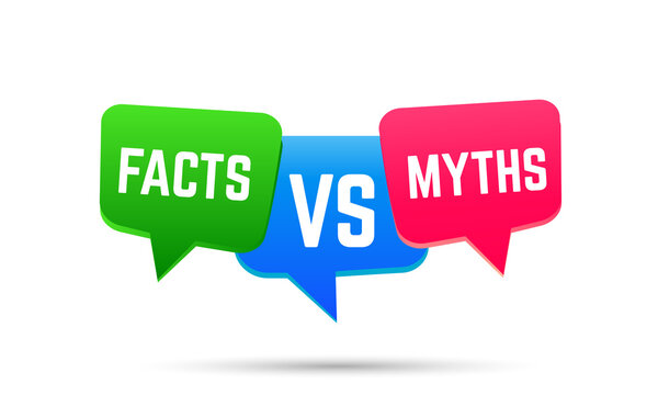 myths vs facts on red and green speech bubbles. vector flat cartoon style trend modern logotype graphic art design isolated on white background. 