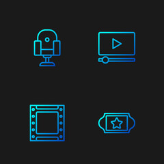 Set line Cinema ticket, Play video, Director movie chair and Online play. Gradient color icons. Vector