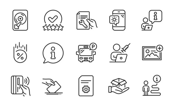 Technology icons set. Included icon as Loan percent, Voting ballot, Repair document signs. Weather phone, Vaccination appointment, Add photo symbols. File settings, Bus parking, Hold box. Vector