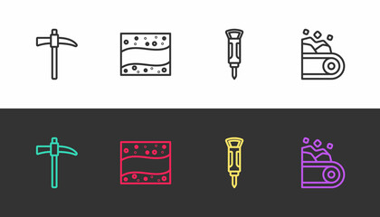 Set line Pickaxe, Gold mine, Construction jackhammer and Conveyor belt carrying coal on black and white. Vector