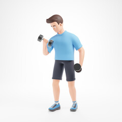 Handsome cartoon character man does dumbbell biceps exercise isolated over white background. - obrazy, fototapety, plakaty