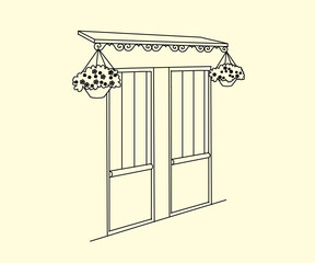 Door and flowers on an isolated background. Entrance from the street. Sketch. Vector illustration.