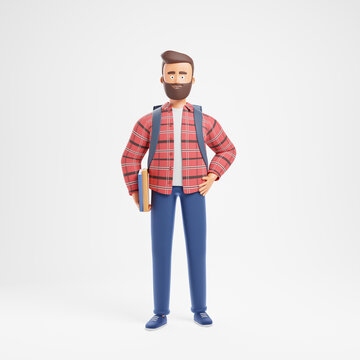 Happy cartoon beard character student in red checkered shirt with backpack and books stand isolated over white background.