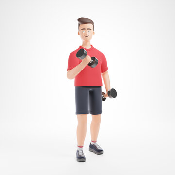 Handsome cartoon fit character man in red t-shirt make exercise with dumbbell isolated over white background.