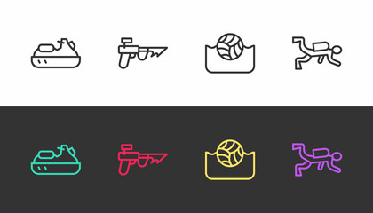 Set line Jet ski, Fishing harpoon, Water polo and Scuba diver on black and white. Vector