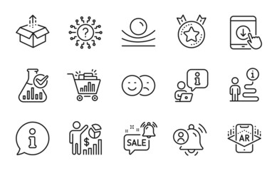 Technology icons set. Included icon as Scroll down, Question mark, Elastic material signs. Augmented reality, Seo statistics, Send box symbols. Promotion bell, Ranking star, Seo shopping. Vector