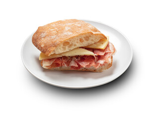 Baguette de jamón y queso sobre fondo blanco. Ham and cheese sandwich on white background.