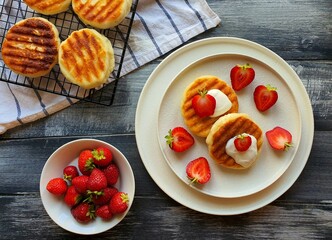 Freshly prepared breakfast of cheesecakes and fresh strawberries