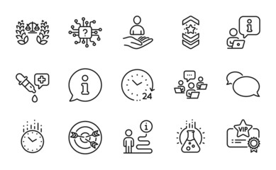 Education icons set. Included icon as Targeting, Artificial intelligence, Shoulder strap signs. Teamwork, 24 hours, Chemistry pipette symbols. Time, Vip certificate, Recruitment. Messenger. Vector