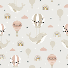 Sleeping whales, hot air ballon and rainbow seamless childish pattern. Hand drawn repeat pattern for wrapping, fabrik, textile or paper projects. Vector illustration.