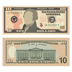 Ten dollar bill, 10 US dollars banknote, from obverse and reverse. Simplified vector illustration of USD isolated on a white background