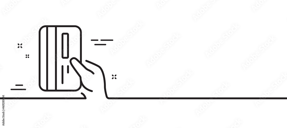 Poster credit card line icon. hold banking payment card sign. atm service symbol. minimal line illustration