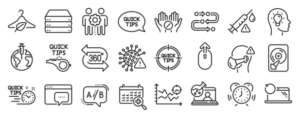 Set of Science icons, such as Slow fashion, 360 degree, Seo message icons. Recovery laptop, Pandemic vaccine, Medical tablet signs. Covid virus, Idea head, Employees teamwork. Ab testing. Vector