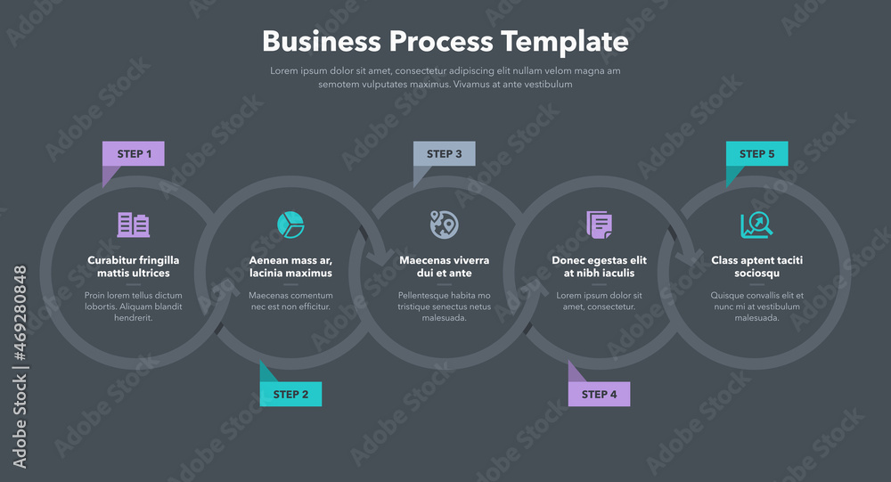 Poster Modern business process template with five steps - dark version. Easy to use for your website or presentation.