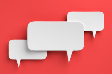 Social media notification icons, white speech bubbles on coral background. 3D rendering