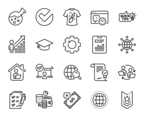 Vector set of Report document, International globe and Chemistry lab line icons set. Rejected payment, Recovery gear and Verify icons. Shoulder strap, Globe and Approved agreement signs. Vector