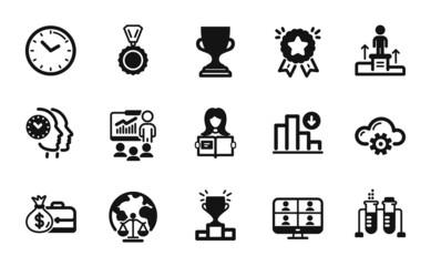 Vector set of Woman read, Presentation and Business podium icons simple set. Chemistry beaker, Salary and Decreasing graph icons. Ranking star, Time and Award cup signs. Vector