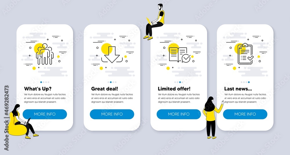 Poster vector set of line icons related to download, group and approved documentation icons. ui phone app s