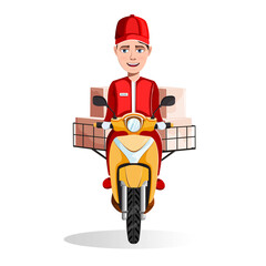 Cartoon professional express courier delivering orders on scooter
