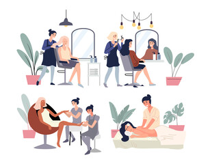 Woman in a beauty salon vector set. Massage, manicure and pedicure. Hairdresser parlor