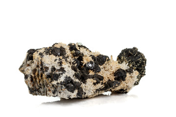 Macro stone mineral Pyrrhotite, quartz, Sphalerite, calcite, Galena on white background