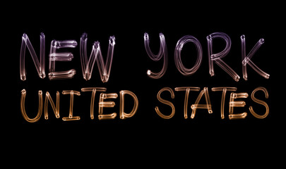 Words New York, United States using light painting technique