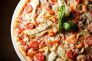 Pizza pollo with chicken breast, bell pepper and mushrooms