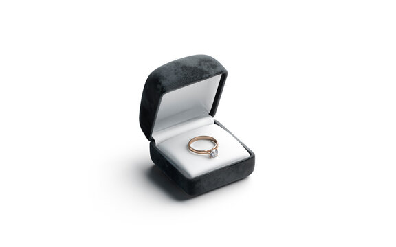 Blank black box with gold diamond ring lying mockup, isolated
