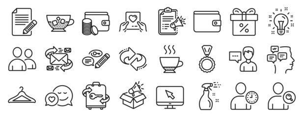 Fototapeta na wymiar Set of line icons, such as Refresh, Payment method, Luggage icons. Find user, Cloakroom, Cold coffee signs. Medal, E-mail, Idea. Money wallet, Love mail, Time management. Espresso, Article. Vector