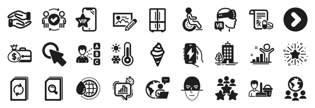 Set of Business icons, such as Forward, Ice cream, Salary icons. Click here, Winner, Medical prescription signs. Helping hand, Cleaning service, Vip phone. Refrigerator, Augmented reality. Vector