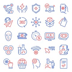 Technology icons set. Included icon as 5g wifi, Algorithm, 5g technology signs. 360 degrees, Video conference, Stars symbols. Medical shield, Safe energy, Online access. Engineering. Vector