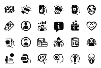 Vector Set of People icons related to Women group, Smile chat and Helping hand icons. Romantic talk, Love gift and Smile signs. Medical mask, Organic tested and Analysis app. Chat app. Vector