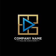 Logo design with letter c initial concept and play button for business company