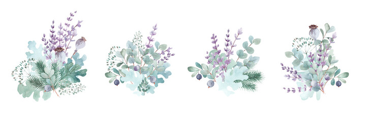 Set of watercolor bouquets. Hand-drawn lavender flowers, eucalyptus and blueberry branches, poppy pods, forest herbs on a white background. - obrazy, fototapety, plakaty