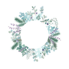 Watercolor frame. Hand-drawn lavender flowers, eucalyptus and blueberry branches on a white background.  Suitable for backgrounds, cards, posters, invitations