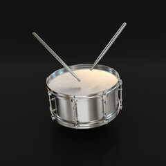 Drum and drumsticks silver on black background, 3d render