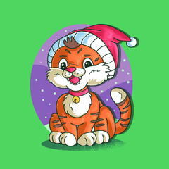 cute little tiger wear santa hat 