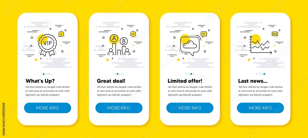 Aufkleber vector set of vip award, ab testing and cloud communication line icons set. ui phone app screens wit