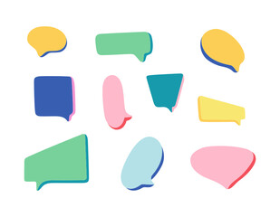 Set of colorful empty doodle speech bubbles with volume. Freehand vector isolated on white background.