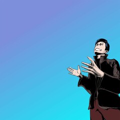 illustration of man with gesture and opening hand. manga art vector illustration