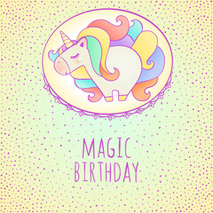 Cute cartoon unicorn character with colorful hair