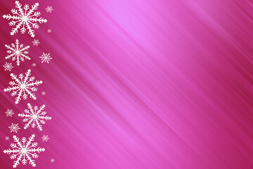 Fototapeta na wymiar Winter pink rose red magenta saturated bright gradient background with random snowflakes sideways and with diagonal light stripes. Christmas, New Year, invitations, congratulations, parties card.