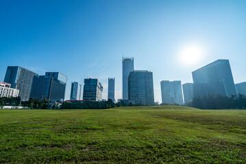 Fototapeta premium Street view of office buildings in the financial district of Suzhou, China